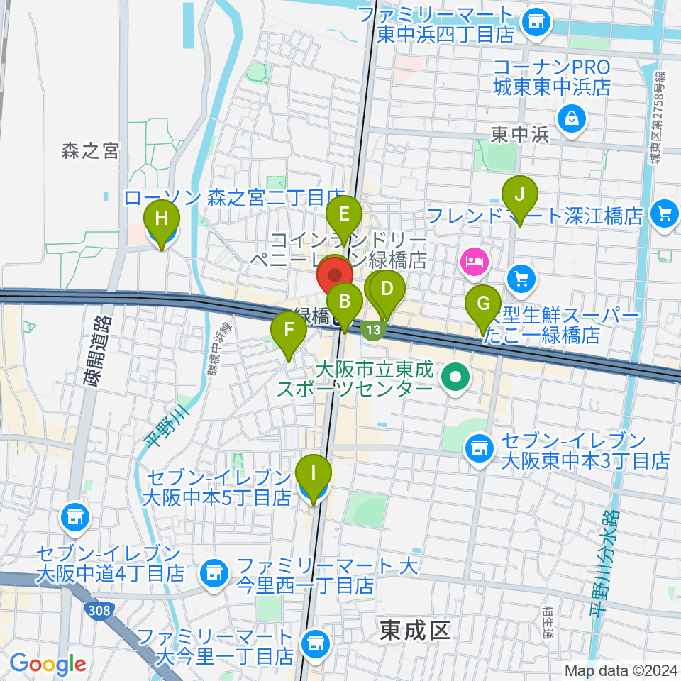 緑橋 戦国大統領周辺のコンビニエンスストア一覧地図