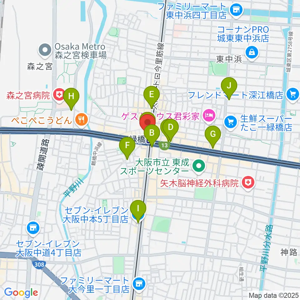 大阪緑橋 戦国大統領周辺のコンビニエンスストア一覧地図