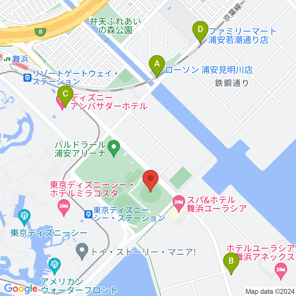 浦安市運動公園野球場周辺のコンビニエンスストア一覧地図