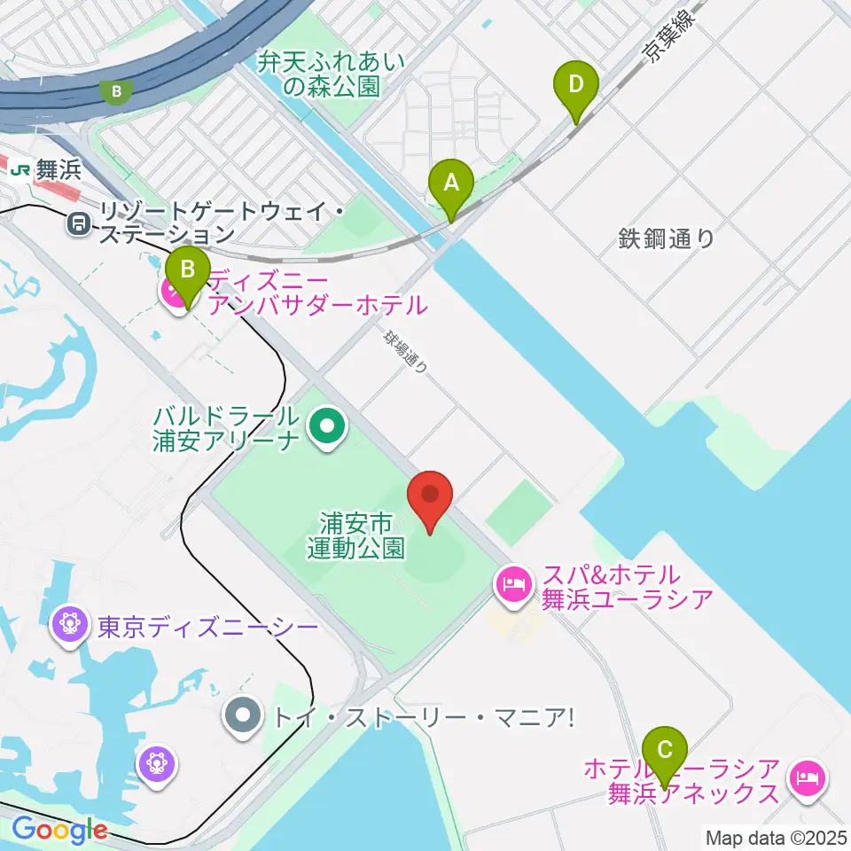 浦安市運動公園野球場周辺のコンビニエンスストア一覧地図