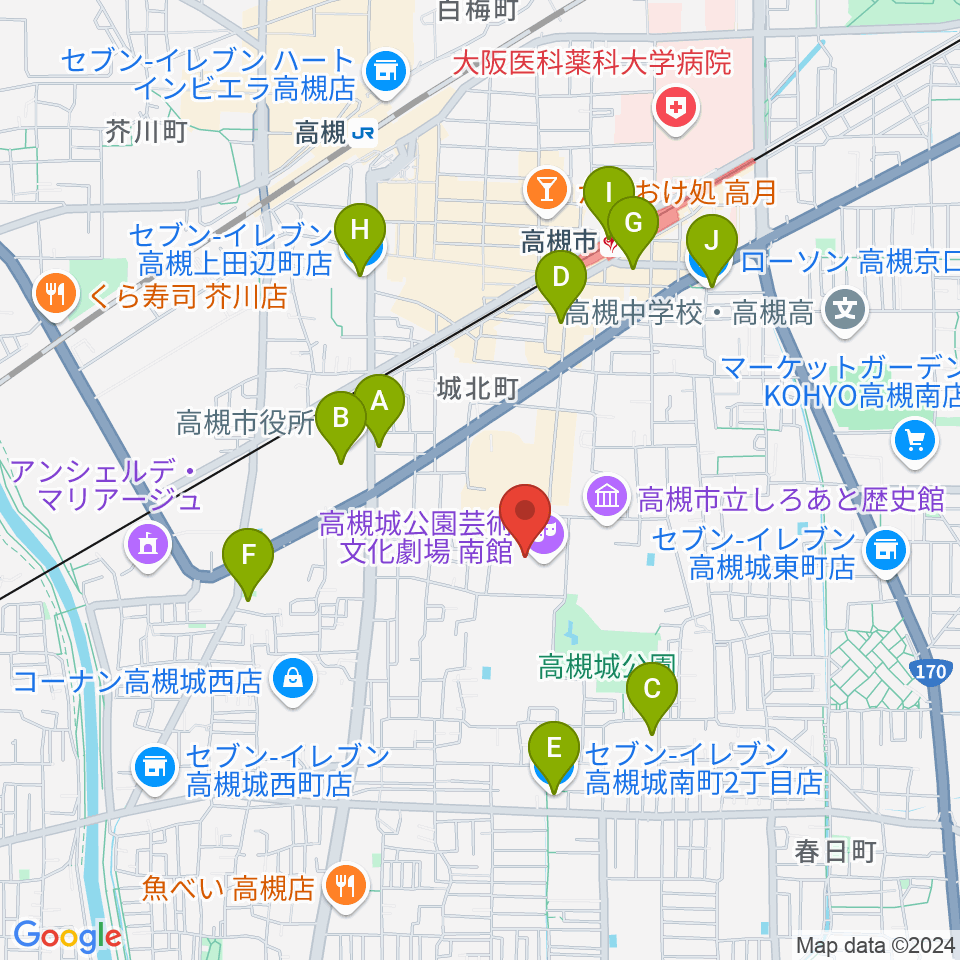 高槻城公園芸術文化劇場 南館周辺のコンビニエンスストア一覧地図