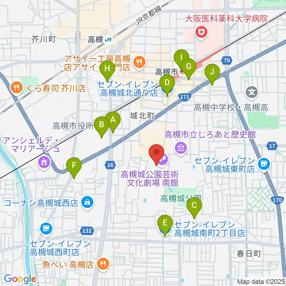 高槻城公園芸術文化劇場 南館周辺のコンビニエンスストア一覧地図