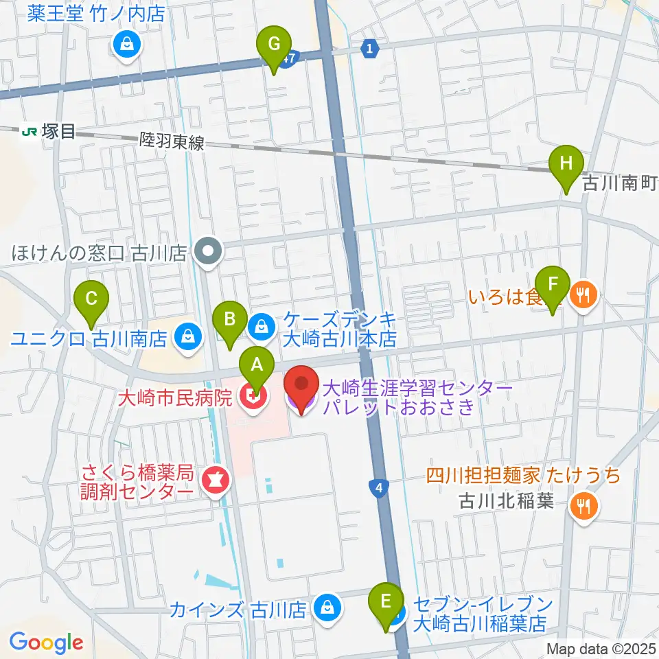 パレットおおさき周辺のコンビニエンスストア一覧地図
