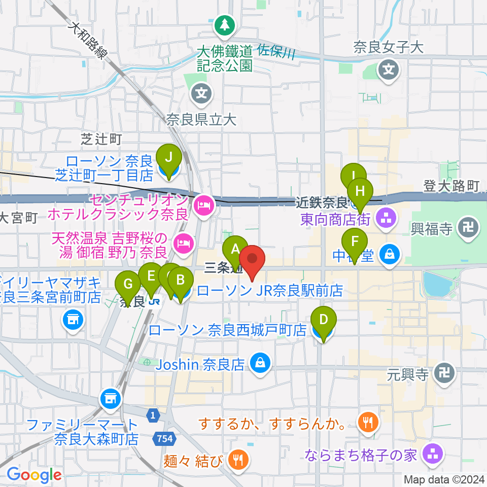 奈良EVANS CASTLE HALL 周辺のコンビニエンスストア一覧地図