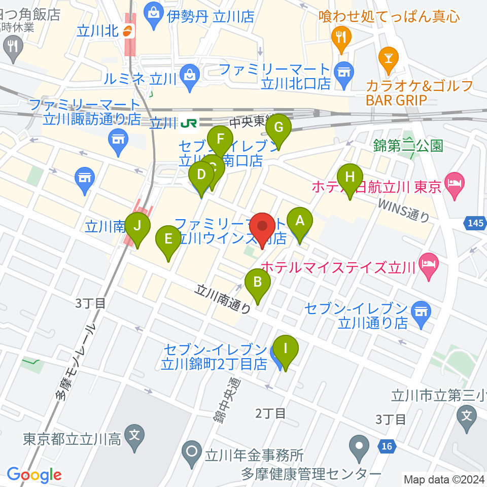 楽器奏庫 立川店周辺のコンビニエンスストア一覧地図