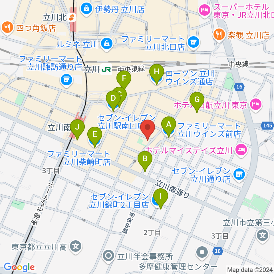 楽器奏庫 立川店周辺のコンビニエンスストア一覧地図