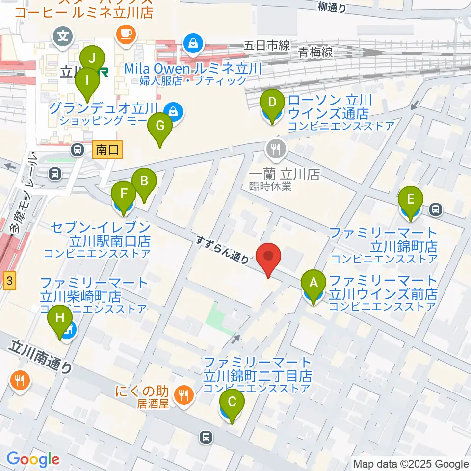 楽器奏庫 立川店周辺のコンビニエンスストア一覧地図