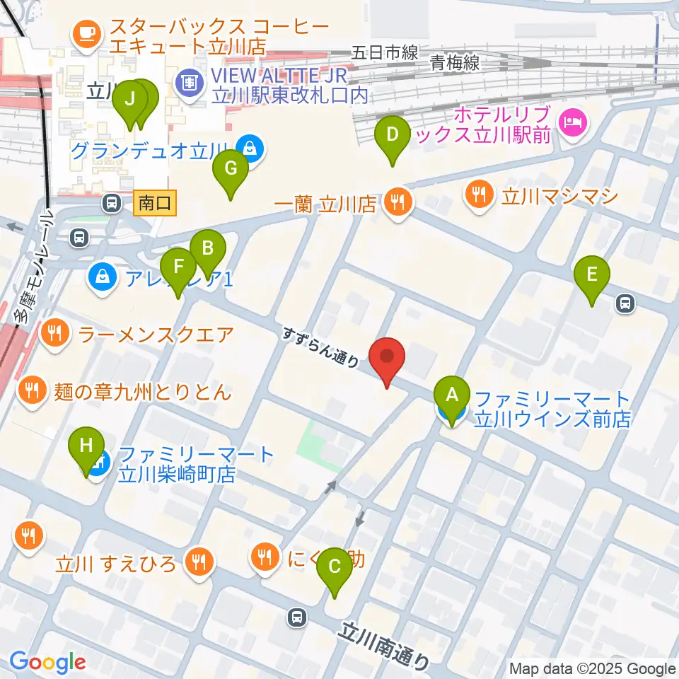 楽器奏庫 立川店周辺のコンビニエンスストア一覧地図