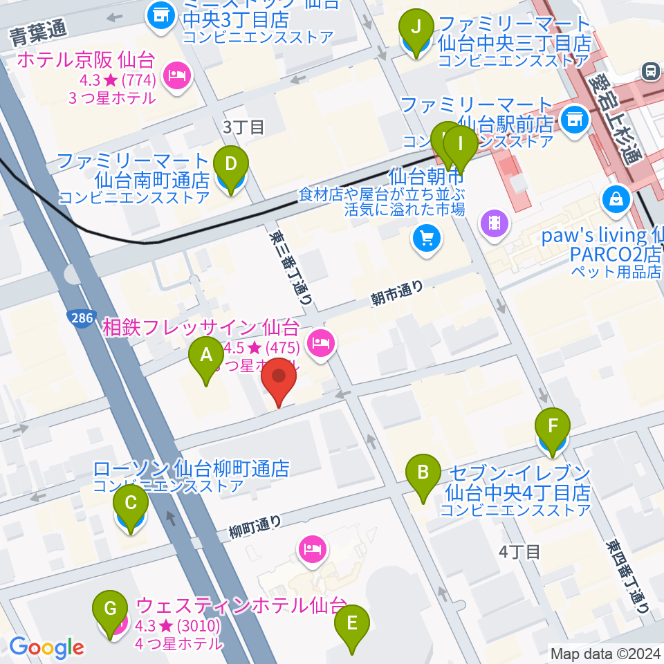 仙台中央音楽センター IVy HALL周辺のコンビニエンスストア一覧地図