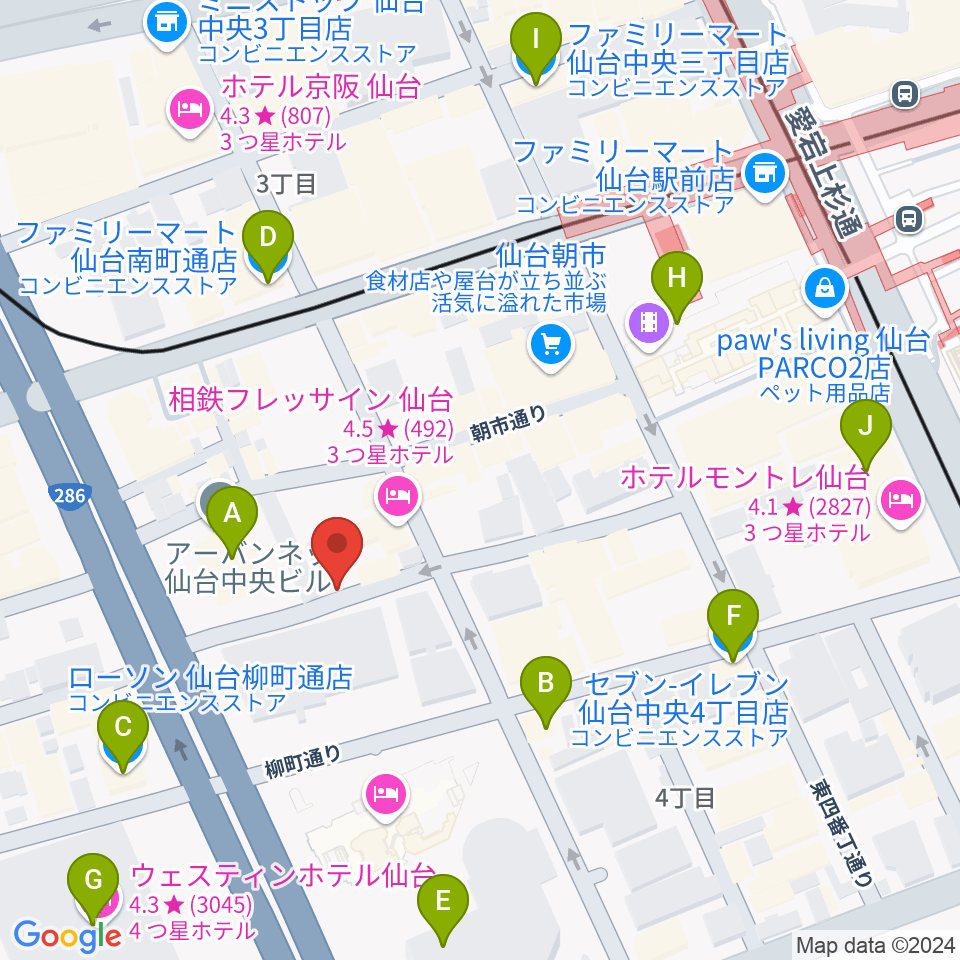 仙台中央音楽センター IVy HALL周辺のコンビニエンスストア一覧地図