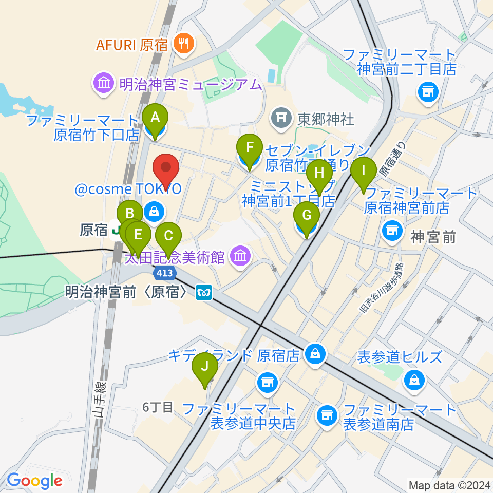 WITH HARAJUKU HALL周辺のコンビニエンスストア一覧地図