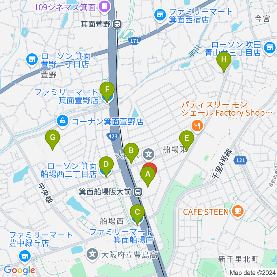 箕面市立文化芸能劇場周辺のコンビニエンスストア一覧地図