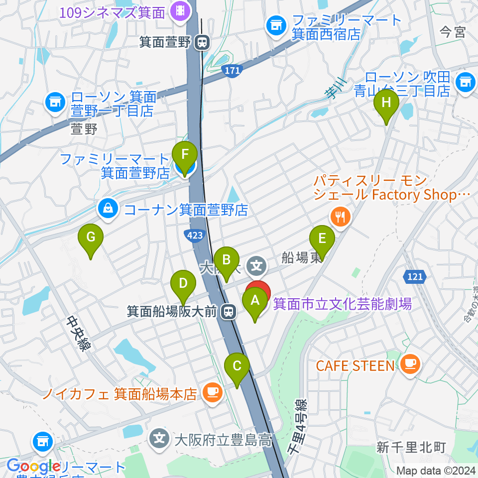 箕面市立文化芸能劇場周辺のコンビニエンスストア一覧地図