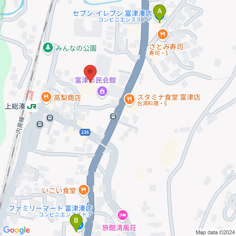 富津市民会館周辺のコンビニエンスストア一覧地図