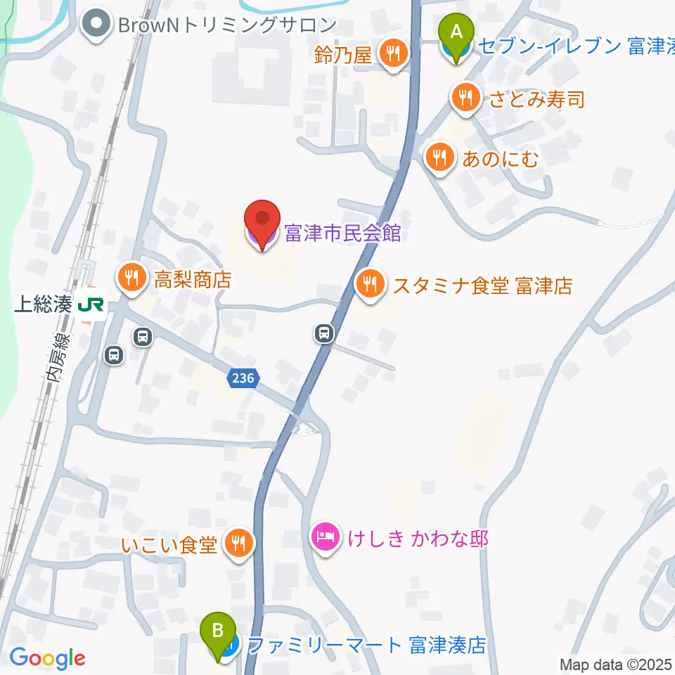 富津市民会館周辺のコンビニエンスストア一覧地図