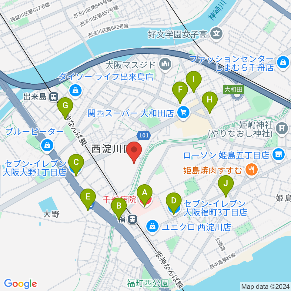 西淀川区民会館（エルモ西淀川）周辺のコンビニエンスストア一覧地図