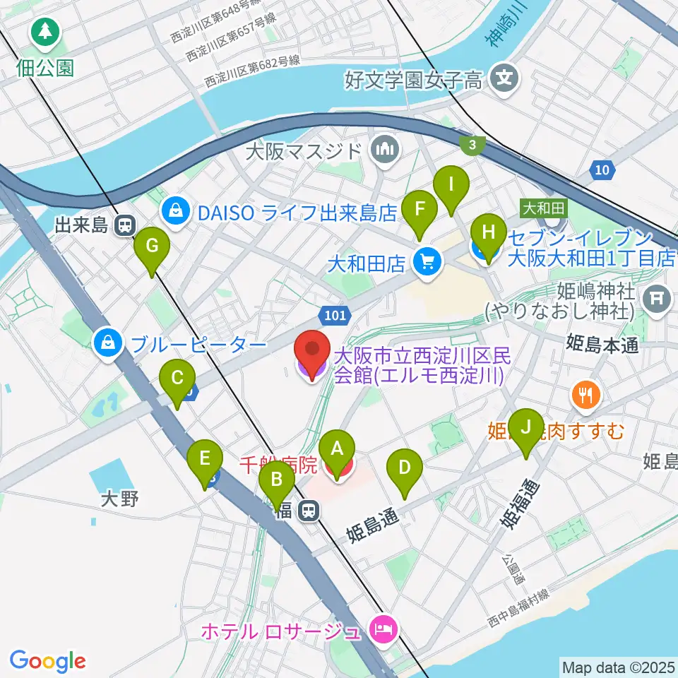 西淀川区民会館（エルモ西淀川）周辺のコンビニエンスストア一覧地図