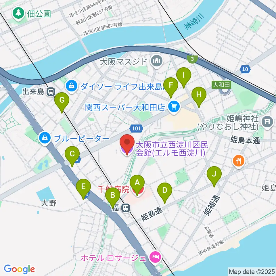 西淀川区民会館(エルモ西淀川)周辺のコンビニエンスストア一覧地図
