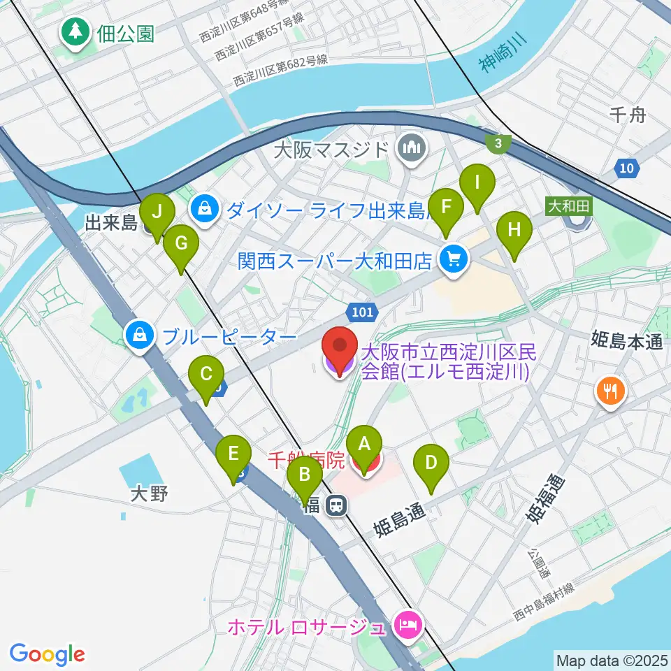 西淀川区民会館(エルモ西淀川)周辺のコンビニエンスストア一覧地図