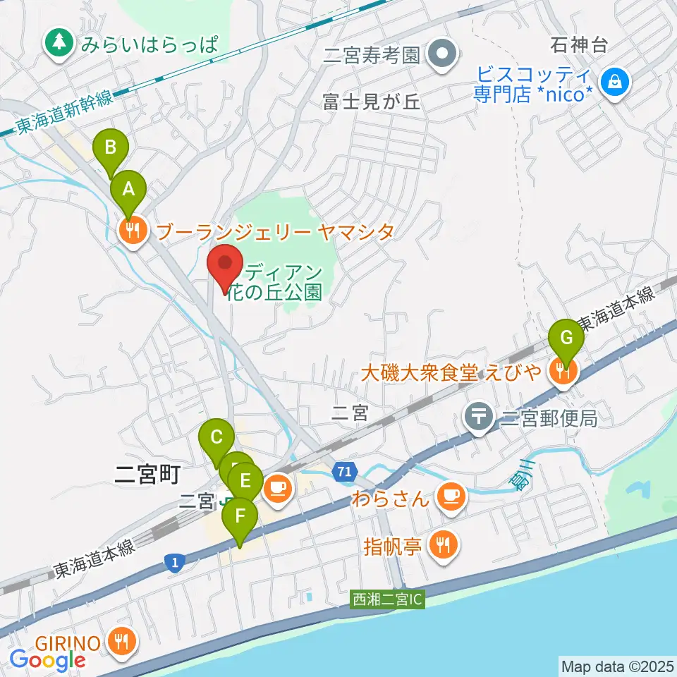 二宮町生涯学習センターラディアン周辺のコンビニエンスストア一覧地図