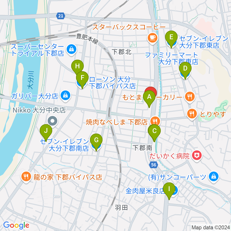 カネトウ楽器 大分店周辺のコンビニエンスストア一覧地図