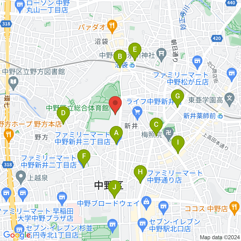 中野区立総合体育館周辺のコンビニエンスストア一覧地図