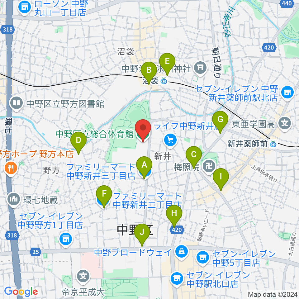 中野区立総合体育館周辺のコンビニエンスストア一覧地図