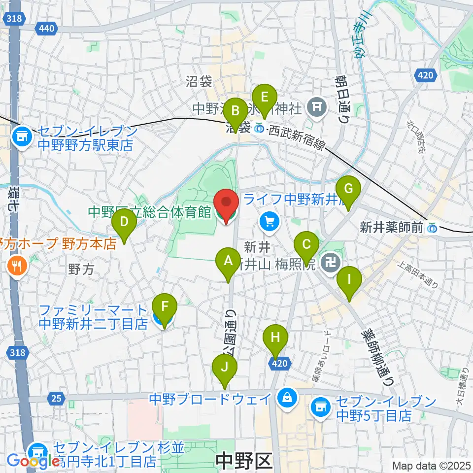 中野区立総合体育館周辺のコンビニエンスストア一覧地図