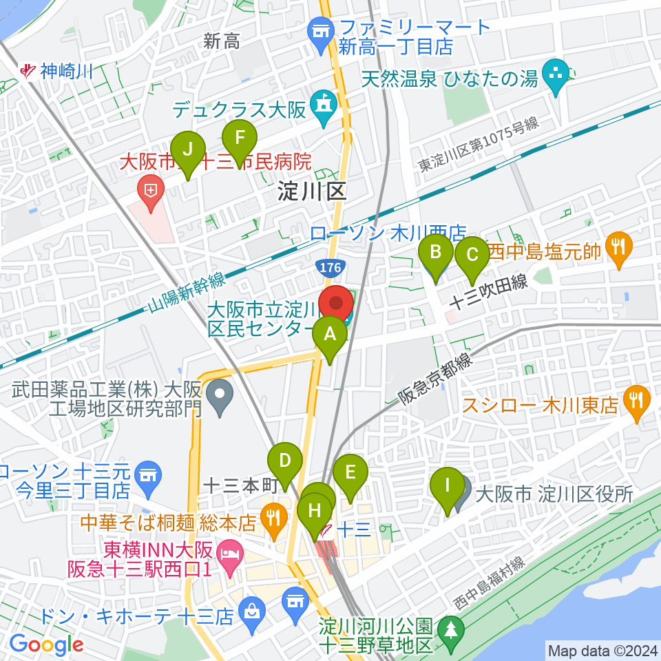 大阪市立淀川区民センター周辺のコンビニエンスストア一覧地図