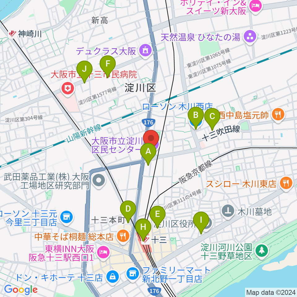 大阪市立淀川区民センター周辺のコンビニエンスストア一覧地図