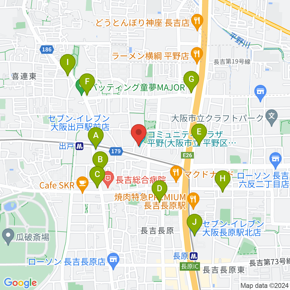 コミュニティプラザ平野（平野区民センター）周辺のコンビニエンスストア一覧地図