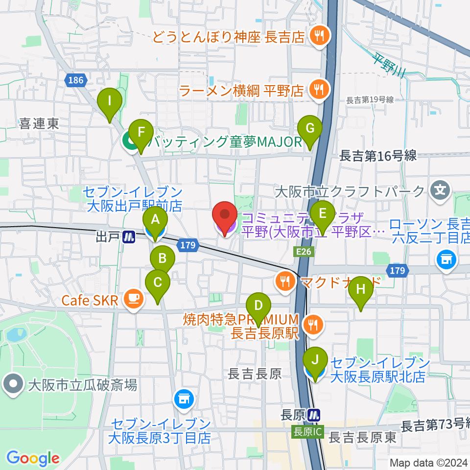 コミュニティプラザ平野（平野区民センター）周辺のコンビニエンスストア一覧地図