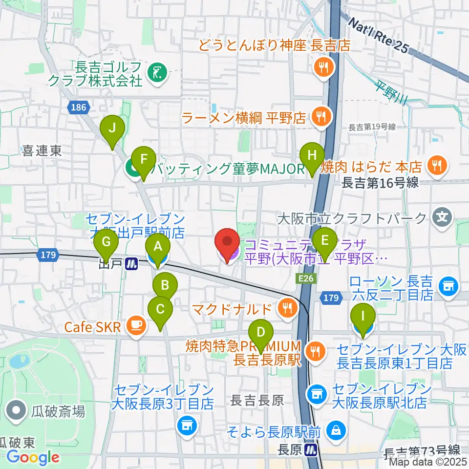 コミュニティプラザ平野（平野区民センター）周辺のコンビニエンスストア一覧地図