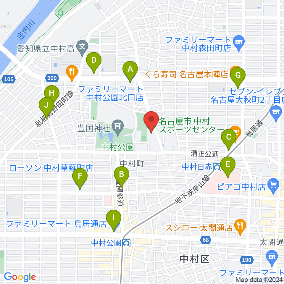 名古屋市中村スポーツセンター周辺のコンビニエンスストア一覧地図