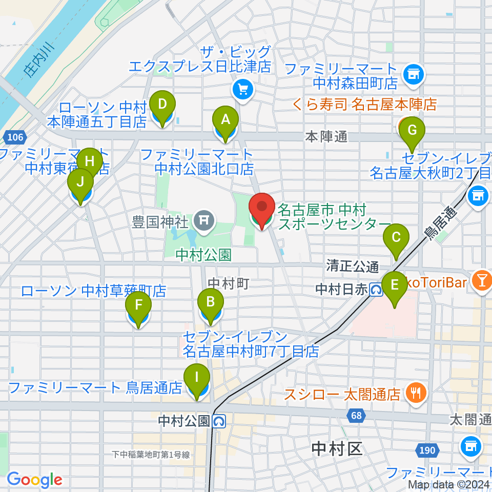 名古屋市中村スポーツセンター周辺のコンビニエンスストア一覧地図