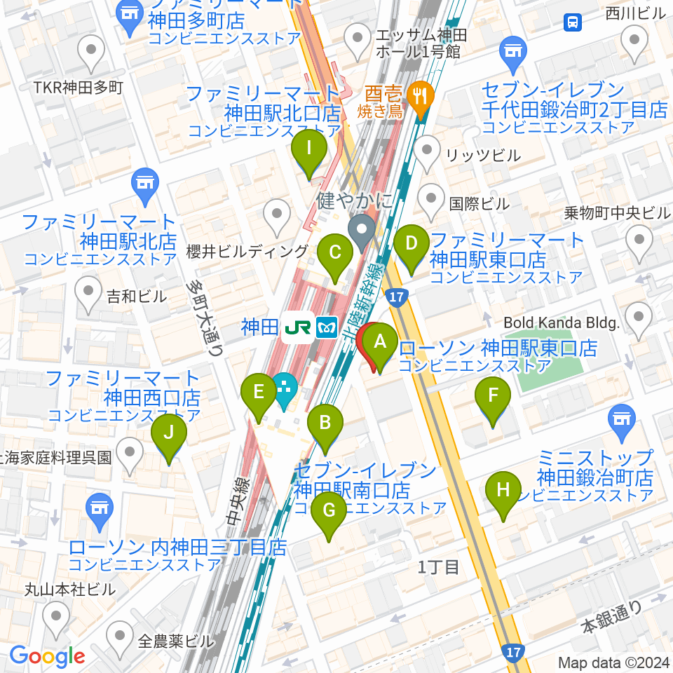 スタジオ音楽館 神田駅前周辺のコンビニエンスストア一覧地図