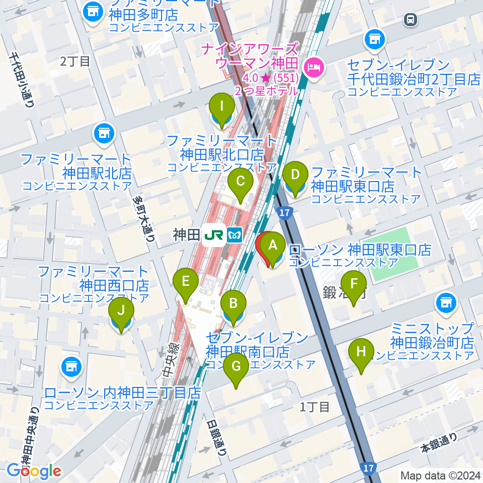 スタジオ音楽館 神田駅前周辺のコンビニエンスストア一覧地図