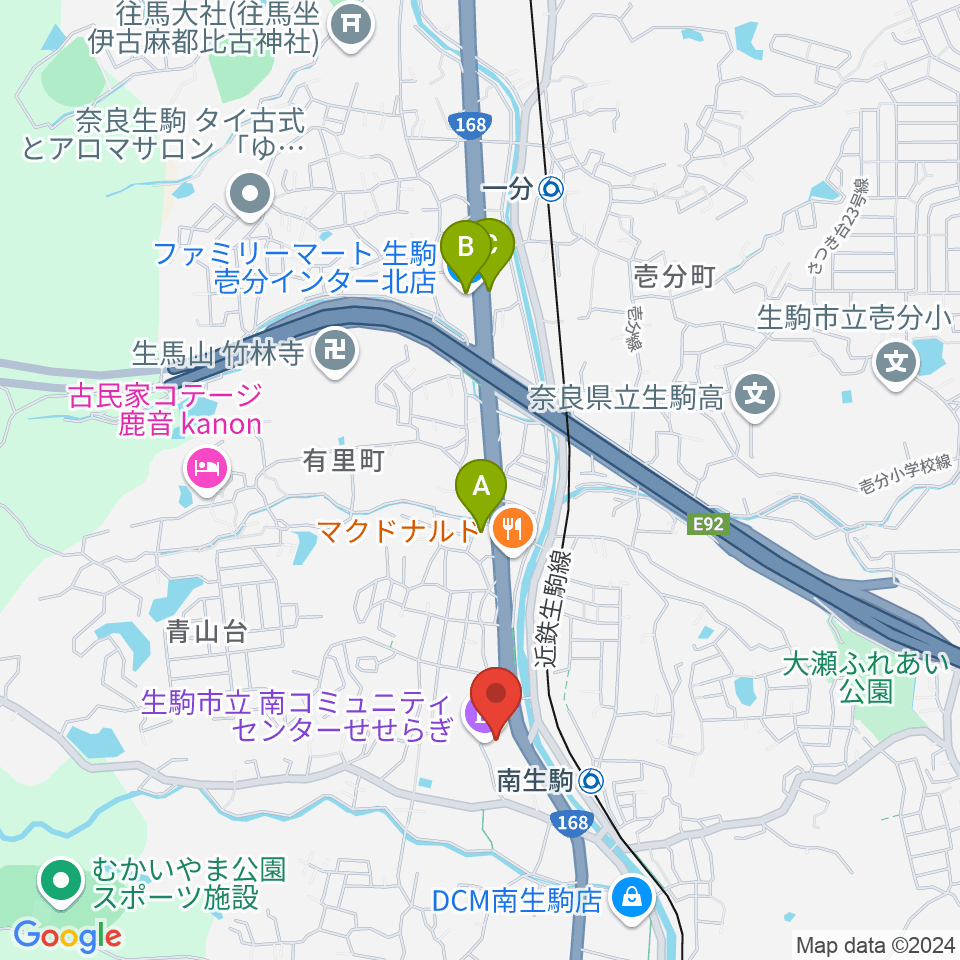 生駒市立南コミュニティセンターせせらぎ周辺のコンビニエンスストア一覧地図