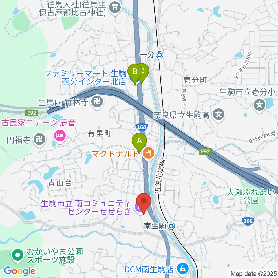 生駒市立南コミュニティセンターせせらぎ周辺のコンビニエンスストア一覧地図