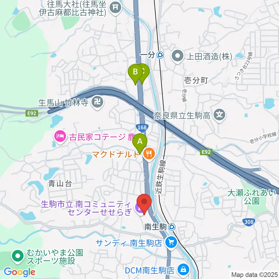 生駒市立南コミュニティセンターせせらぎ周辺のコンビニエンスストア一覧地図