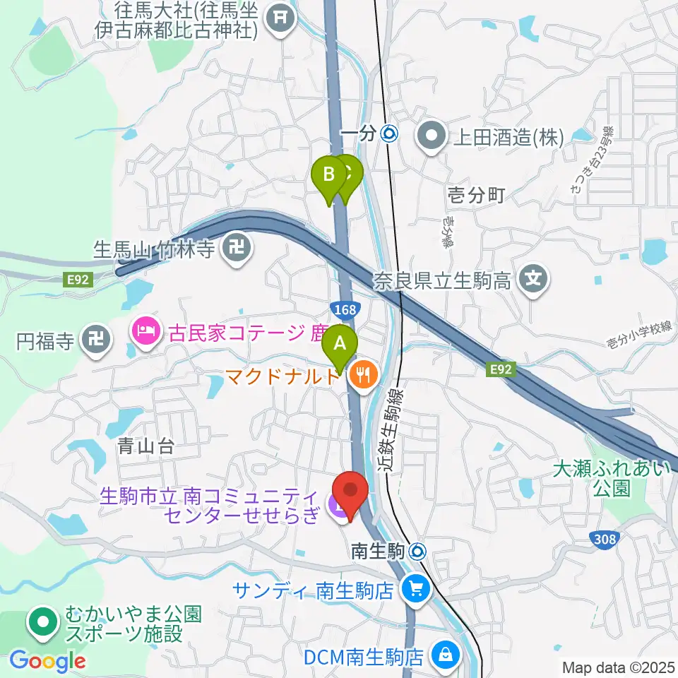 生駒市立南コミュニティセンターせせらぎ周辺のコンビニエンスストア一覧地図