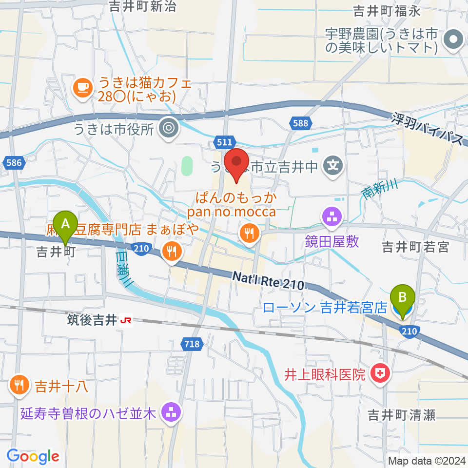 うきは市白壁ホール周辺のコンビニエンスストア一覧地図