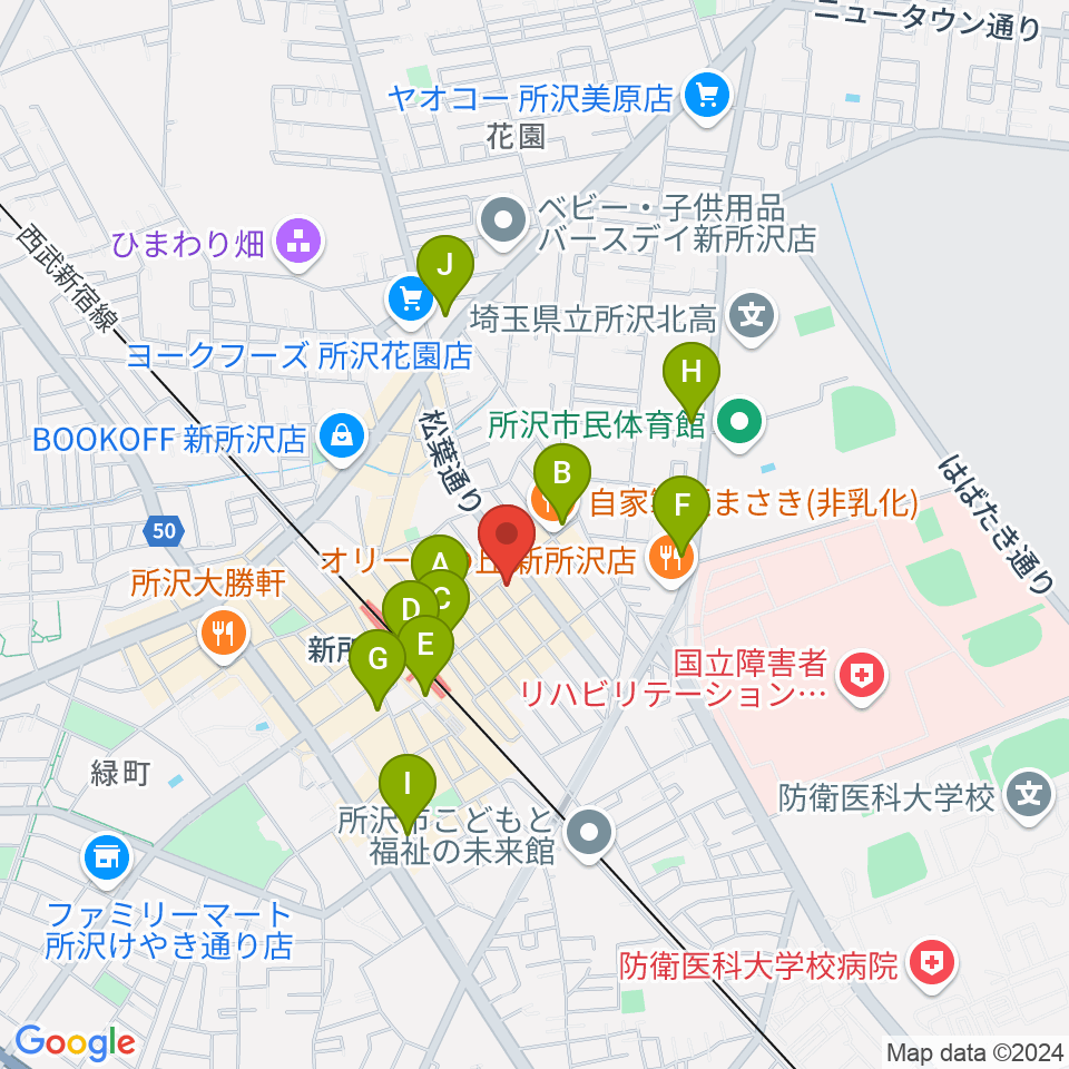 ワイワイミュージックスタジオ新所沢店周辺のコンビニエンスストア一覧地図