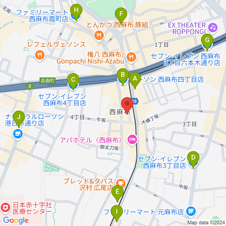 霞町音楽堂周辺のコンビニエンスストア一覧地図