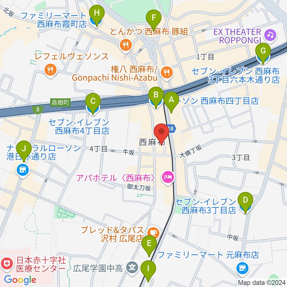 霞町音楽堂周辺のコンビニエンスストア一覧地図