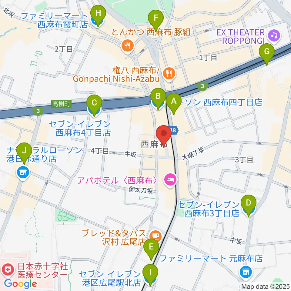 霞町音楽堂周辺のコンビニエンスストア一覧地図
