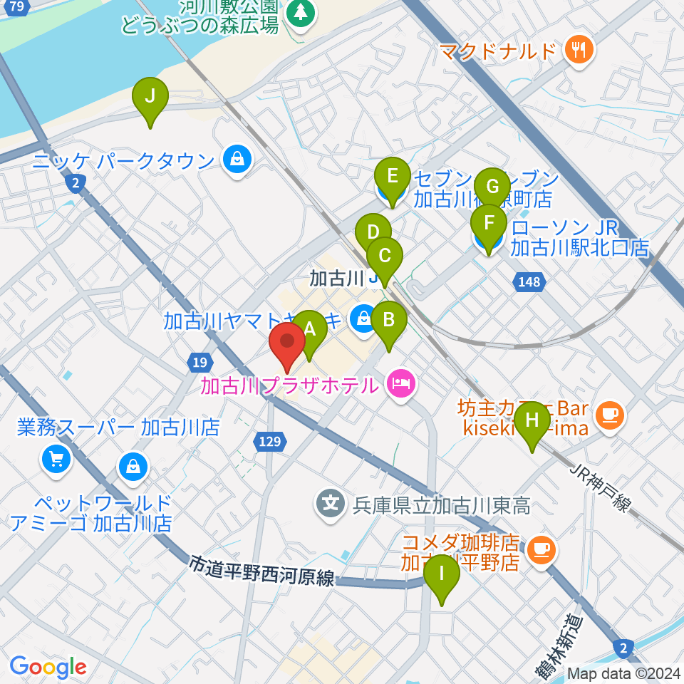 ヤマハミュージック 加古川センター周辺のコンビニエンスストア一覧地図