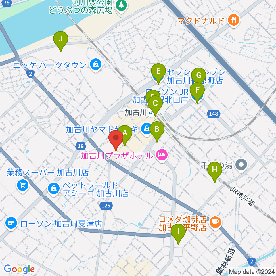 ヤマハミュージック 加古川センター周辺のコンビニエンスストア一覧地図