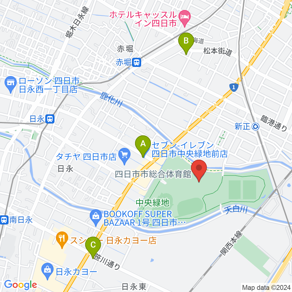 四日市市総合体育館周辺のコンビニエンスストア一覧地図