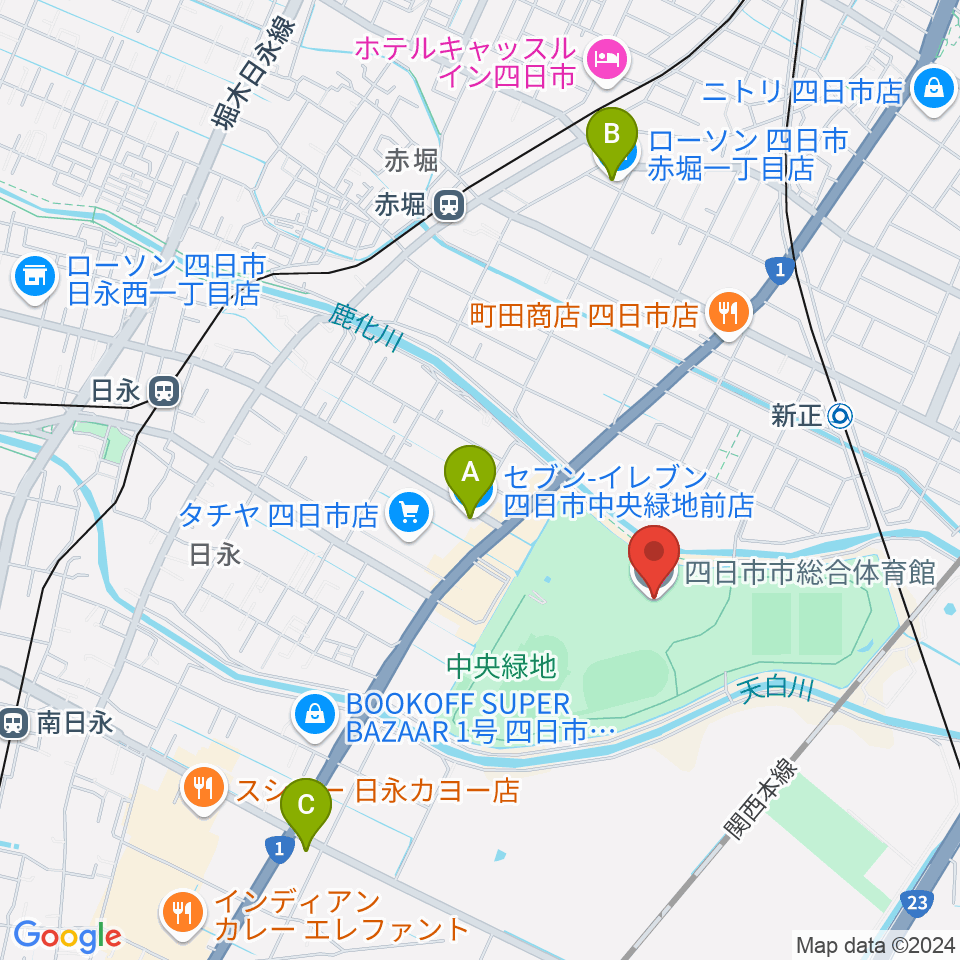 四日市市総合体育館周辺のコンビニエンスストア一覧地図